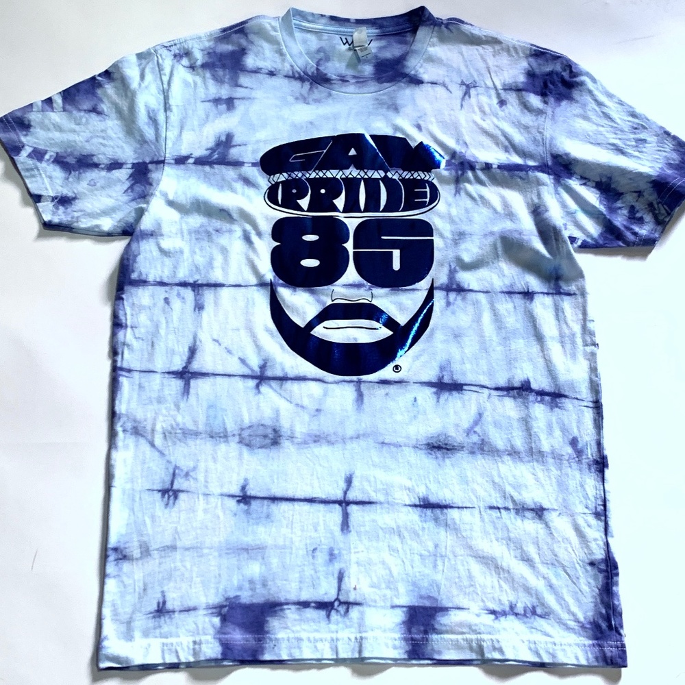 Gay Pride 85 Retro Metallic Blue Graphic on Blue and White Size L Shibori T